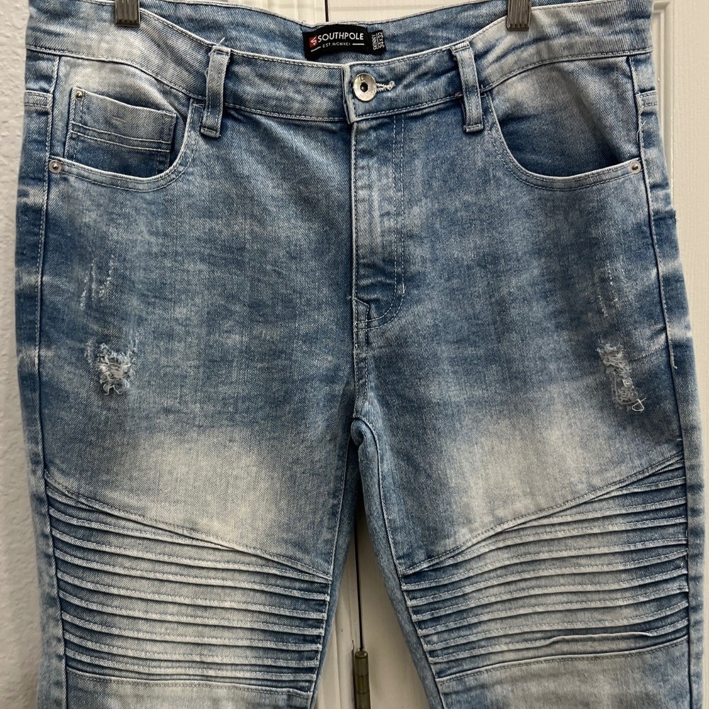 Southpole Skinny‎ Stacked Men's Medium Wash Blue Jeans, Distressed Size 34x32